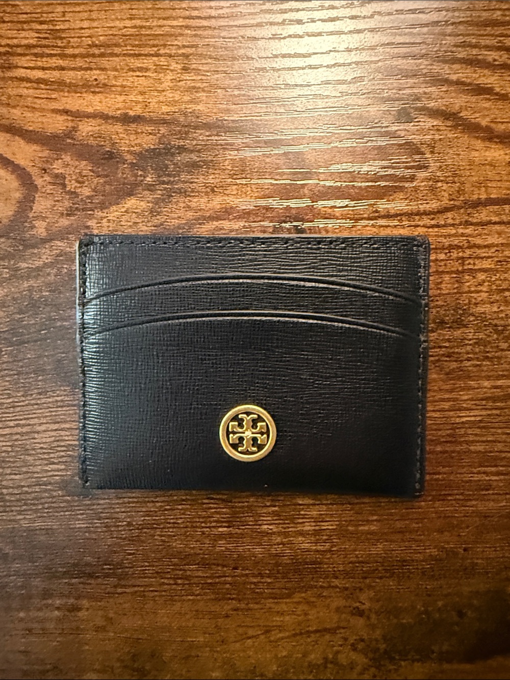 Tory Burch Black Leather Card Holder with Gold Logo Medallion